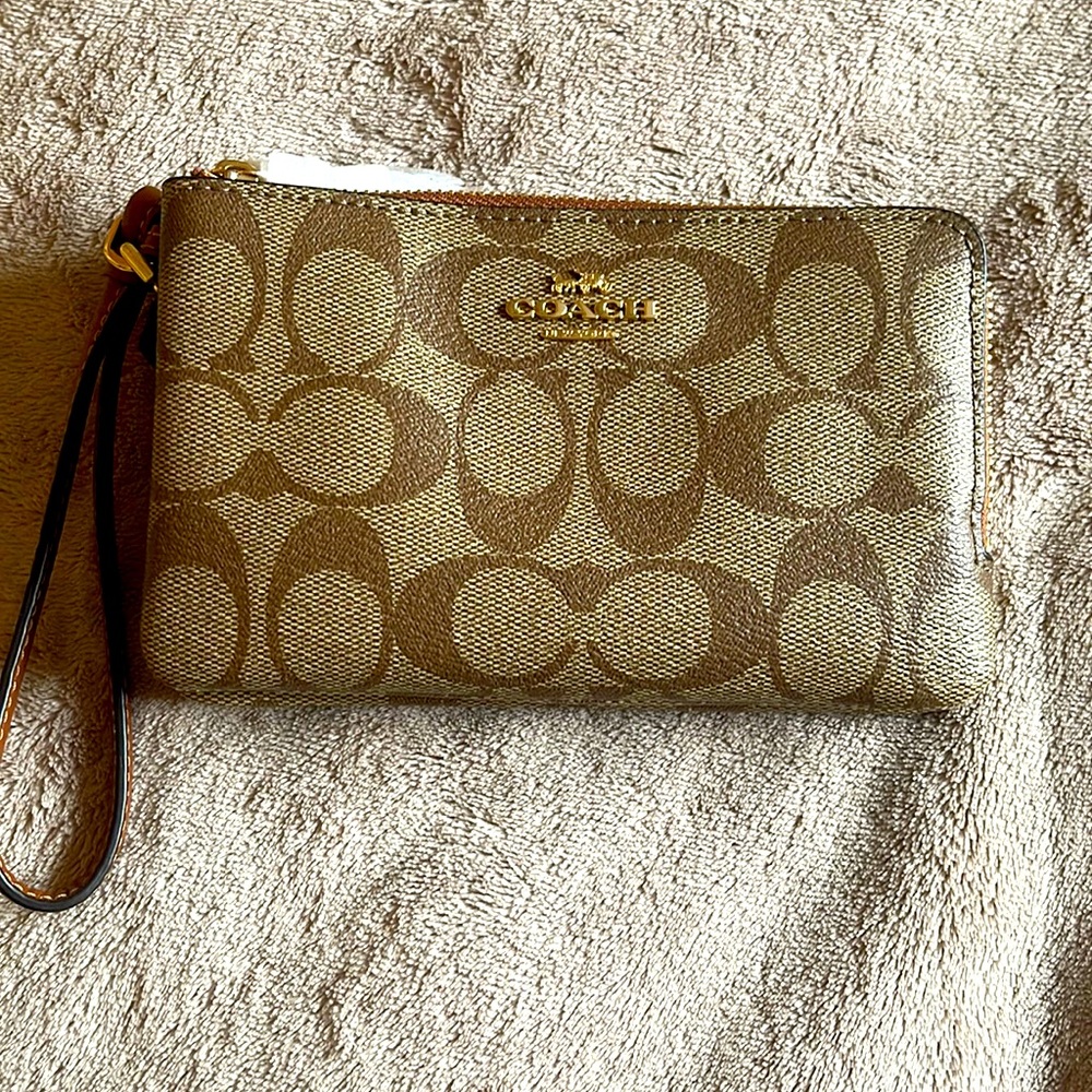 Authentic Coach Khaki Redwood double zipper wallet